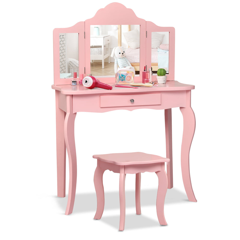 Kids pink makeup dressing table set with tri-folding mirrors and a stool, perfect for beauty and organization.