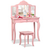 Kids pink makeup dressing table set with tri-folding mirrors and a stool, perfect for beauty and organization.