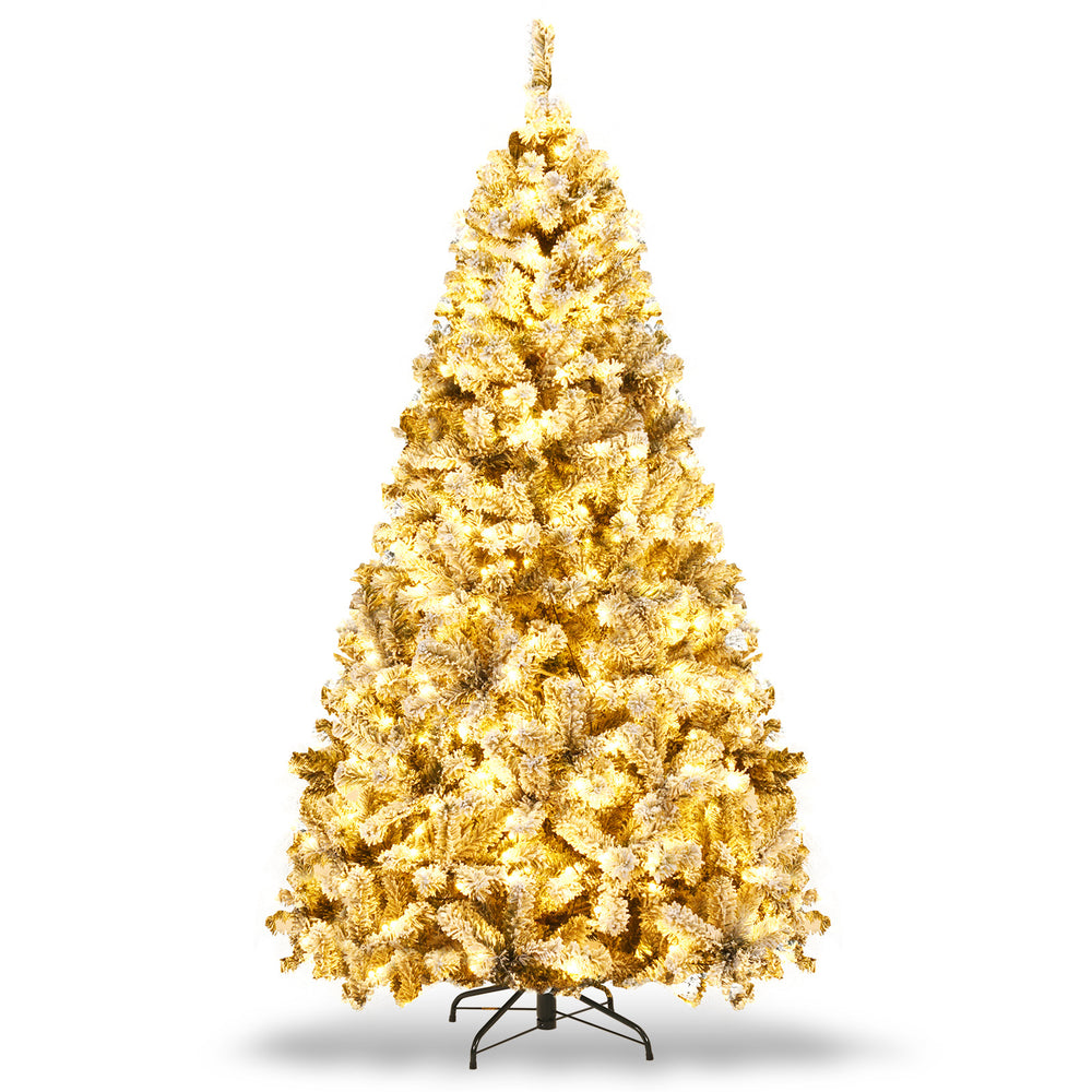 Snow-flocked 6 ft pre-lit artificial Christmas tree with LED lights and sturdy metal stand for festive home decoration.