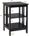 3-tier black nightstand with round corners and open compartments, ideal for living room or bedroom storage.