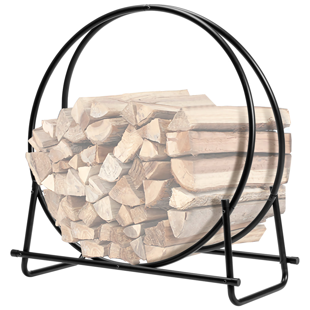 30-inch tubular steel log hoop firewood storage rack with a black powder-coated finish, ideal for indoor or outdoor use.