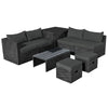 8-piece patio rattan furniture set in gray with soft cushions, including a coffee table, ottomans, and storage box.