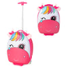 Kids rolling luggage in pink with a unicorn design, featuring 2 flashing wheels and a telescoping handle for easy.