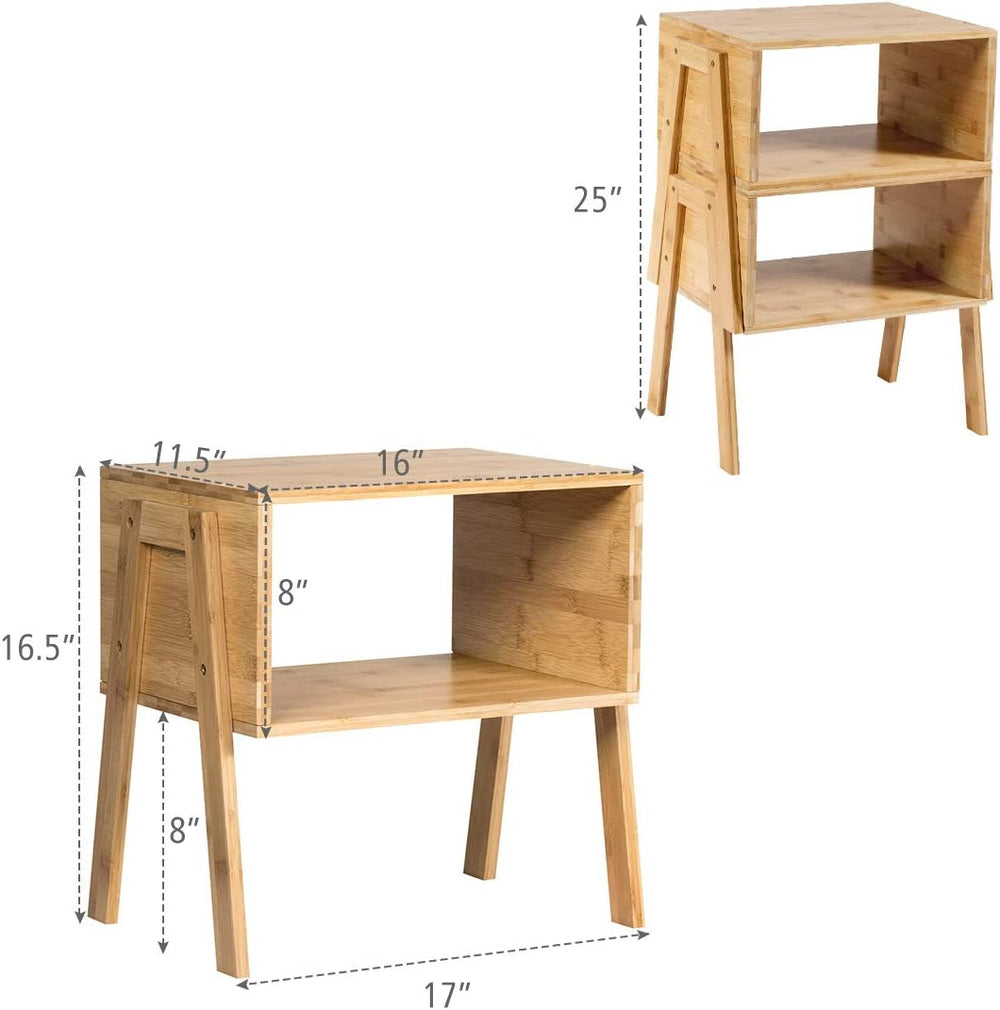 Bamboo nightstand sofa table with open compartment and storage shelf, ideal for bedroom or living room organization.