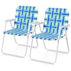 Two blue folding beach chairs with a reinforced steel frame, ideal for camping and outdoor activities.