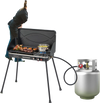 2-in-1 gas camping grill and stove with detachable legs, featuring a wind-block design, ideal for outdoor cooking.