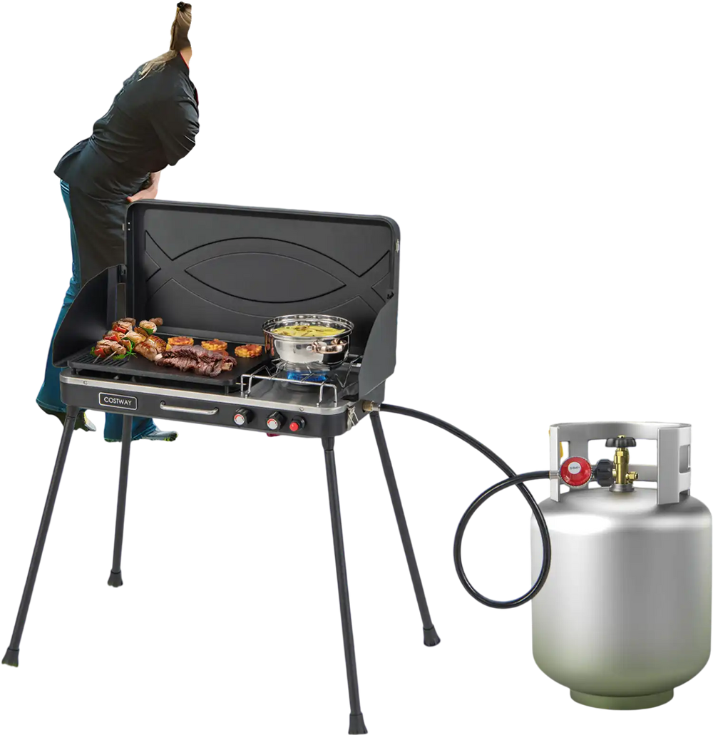 2-in-1 gas camping grill and stove with detachable legs, featuring a wind-block design, ideal for outdoor cooking.