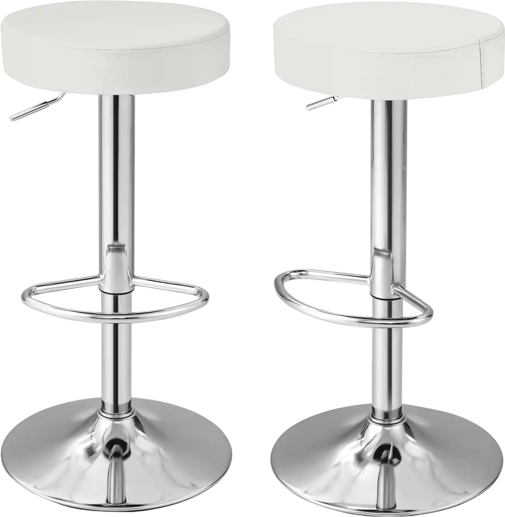 Set of 2 white PU leather swivel barstools with chrome footrest, adjustable height for stylish bar seating.