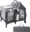 Portable baby nursery center in gray with detachable canopy, changing table, and wheels for easy travel and storage.