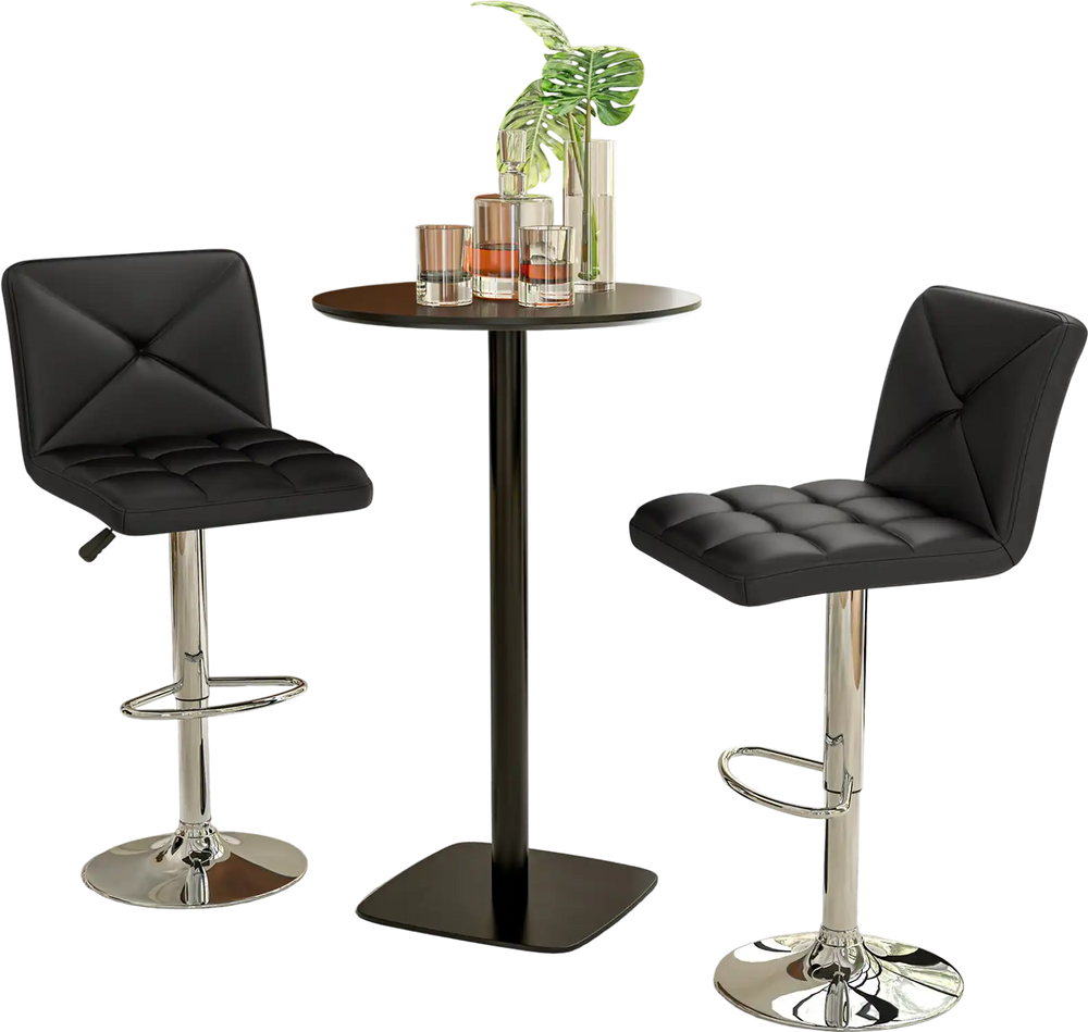 Black PU leather upholstered bar stool with adjustable height, chrome metal base, and ergonomic design for added.