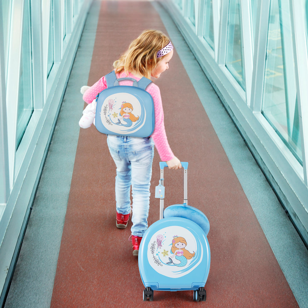 Blue kids luggage set showcasing a 14" hardside spinner suitcase with mermaid design, ideal for young travelers on.
