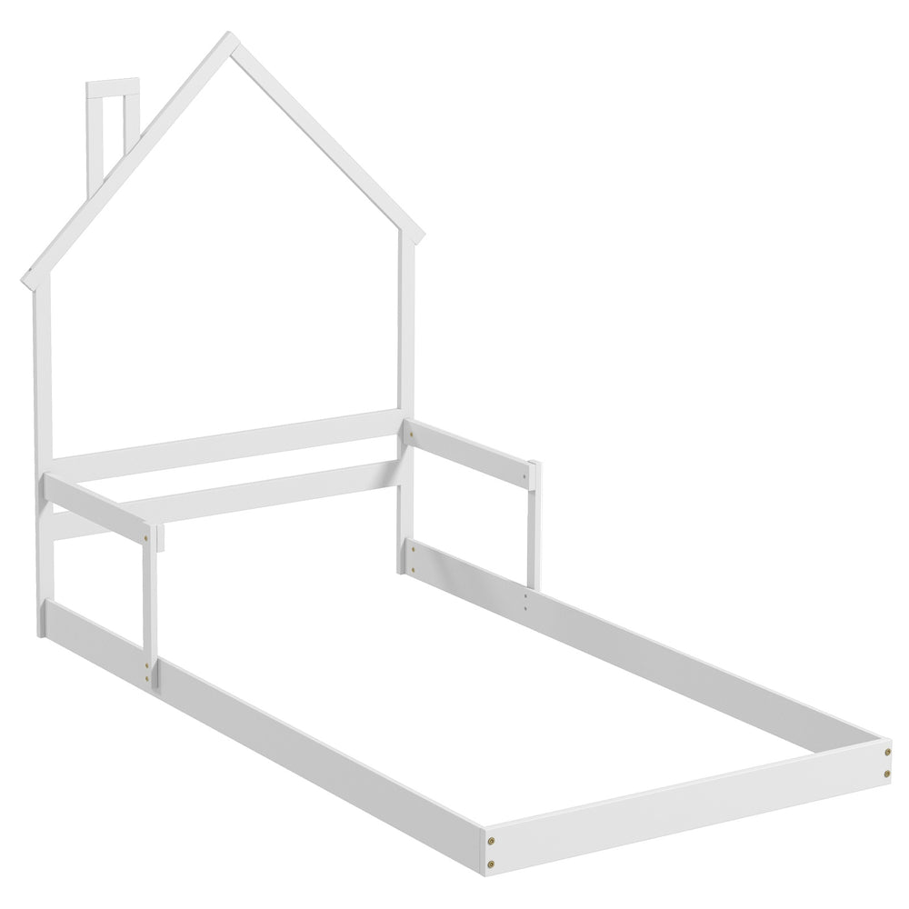 Twin Size Floor Bed with Chimney and Headboard and Handrail-White - Gallery View 1 of 1