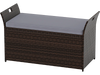 Outdoor bench with hand-woven PE rattan wicker and gray cushion, featuring storage and side handles for easy transport.