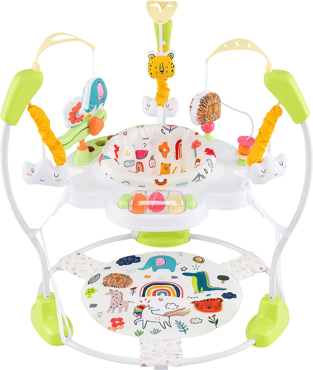 Baby activity center with adjustable height, 360° rotating seat, and interactive toys for endless playtime fun.