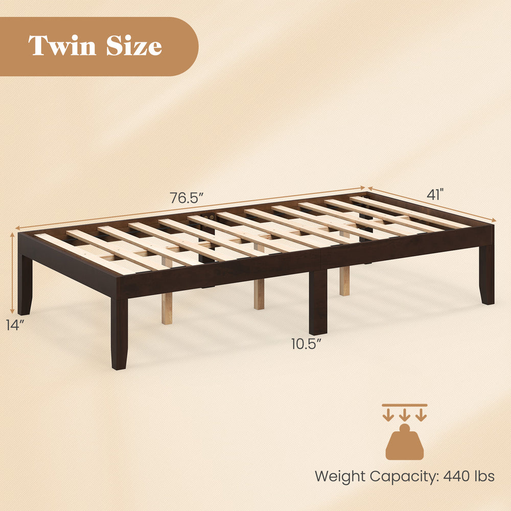 Twin wood platform bed frame in espresso with sturdy slats, 14-inch height, and 440 lbs weight capacity for minimalist.
