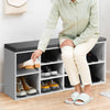 Shoe storage bench with cushion, featuring 10 cubes for organization, made of durable chipboard, ideal for entryway use.