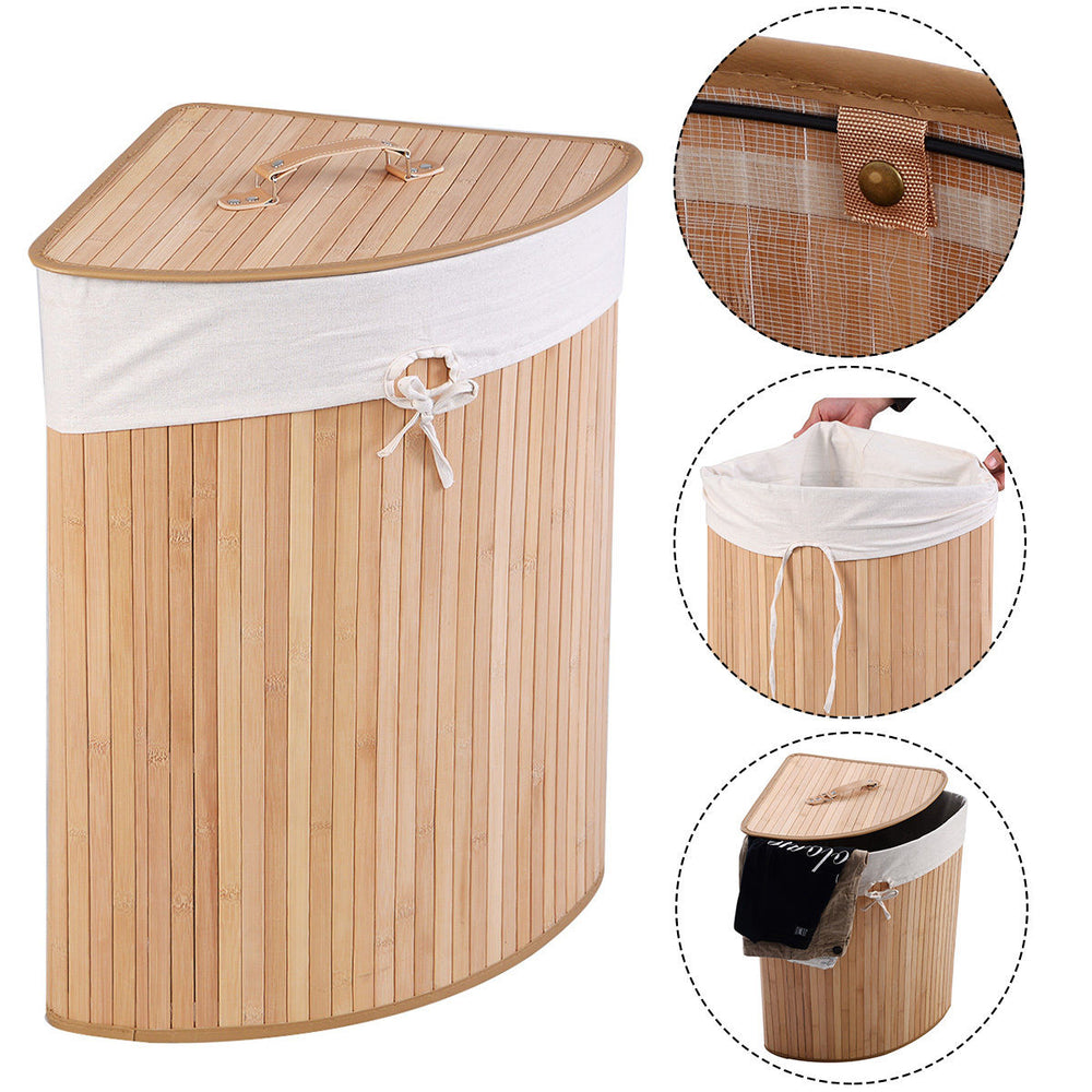 Corner bamboo laundry hamper with a durable design, retractable liner, and convenient PU leather handles for easy.
