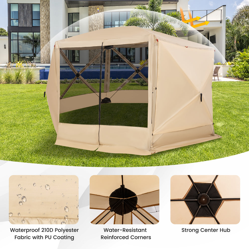 Pop-up screen house tent with 11.5 x 11.5 ft size, waterproof 210D polyester, ideal for outdoor gatherings.