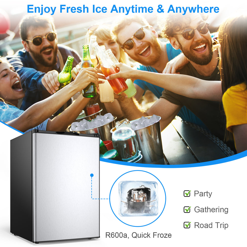 Compact 3 cubic feet upright freezer with stainless steel door, perfect for small spaces and easy food access.