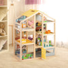 Wooden dollhouse for kids with a contemporary design, showcasing vibrant room illustrations and a solid construction.