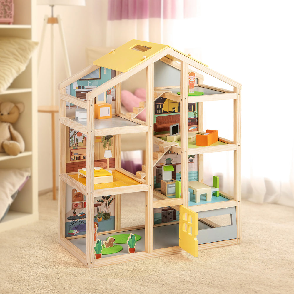 Wooden dollhouse for kids with a contemporary design, showcasing vibrant room illustrations and a solid construction.