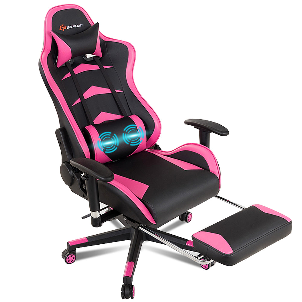 Massage gaming chair in pink with adjustable backrest, armrests, and retractable footrest for ultimate comfort.