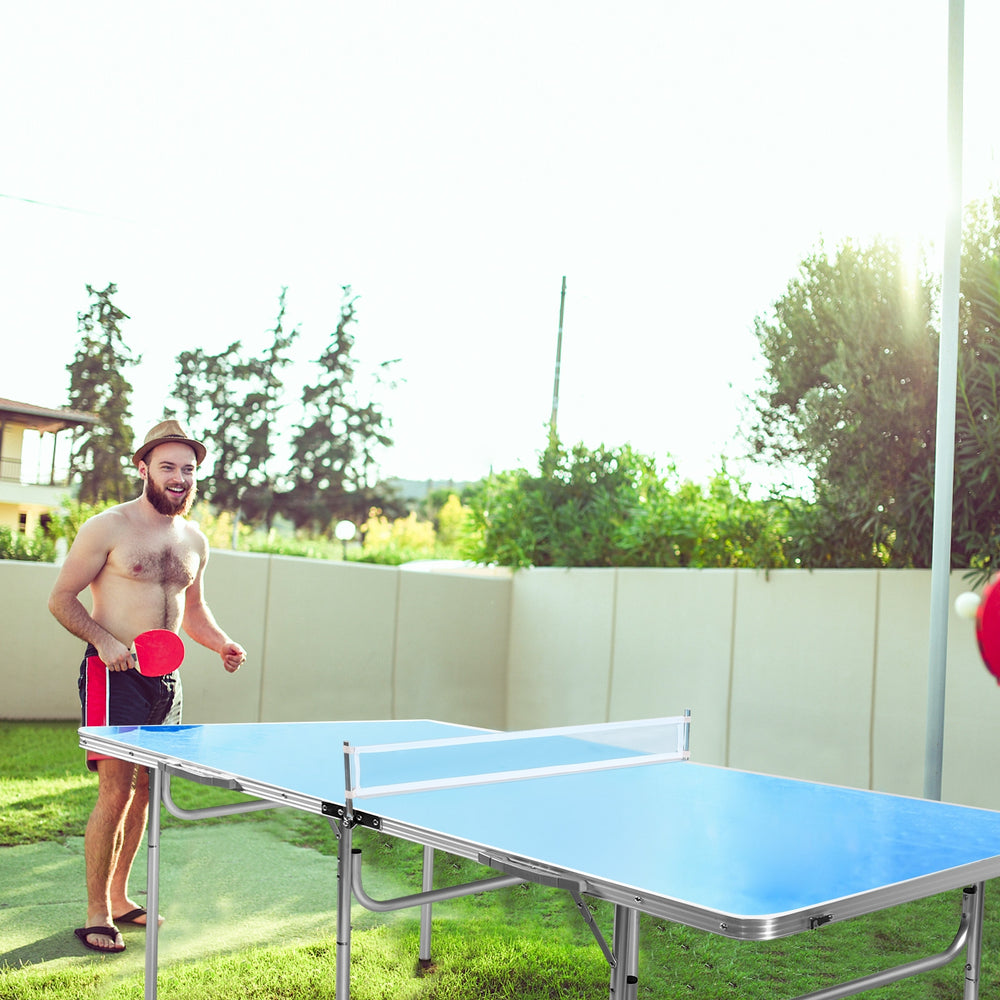Portable 60-inch blue ping pong table with paddles and balls, perfect for outdoor fun and easy storage.