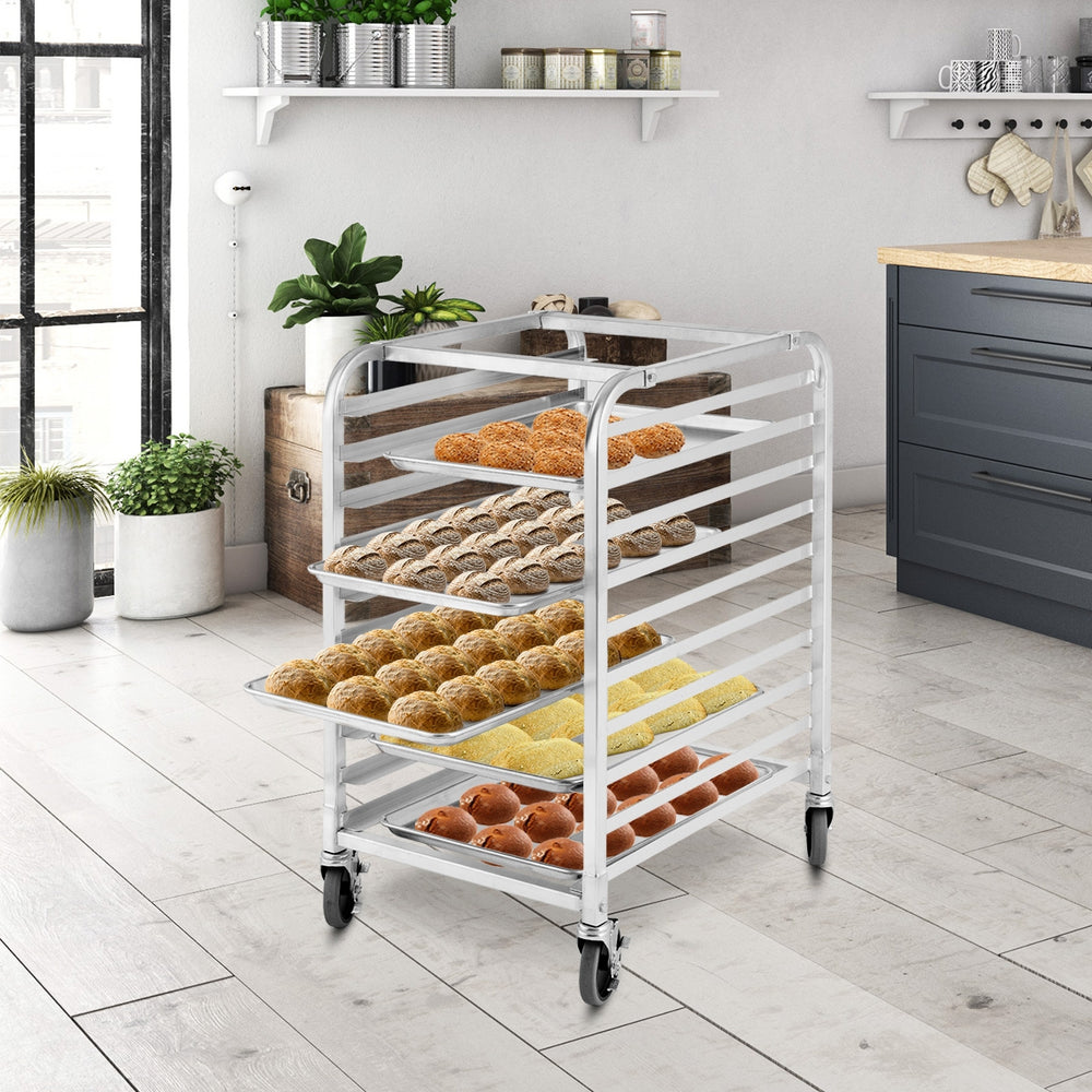 10-tier aluminum rolling bakery pan rack with smooth edges, holding various baked goods, ideal for organized storage.