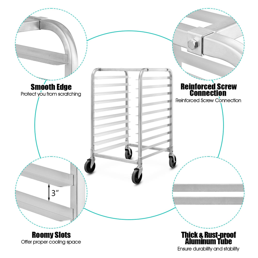 Aluminum rolling bakery pan rack with 10 tiers, smooth edges, and durable design for easy storage and mobility.