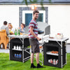 Folding camping table with storage organizer in black, showcasing a heat-resistant tabletop and side tables for outdoor.