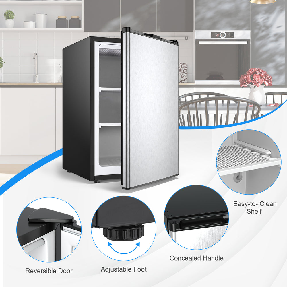 Compact 3 cubic feet upright freezer with stainless steel door, adjustable temperature control, and concealed handle.