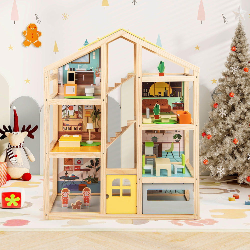 Wooden dollhouse for kids with a detailed interior, showcasing different rooms and vibrant furniture for imaginative.