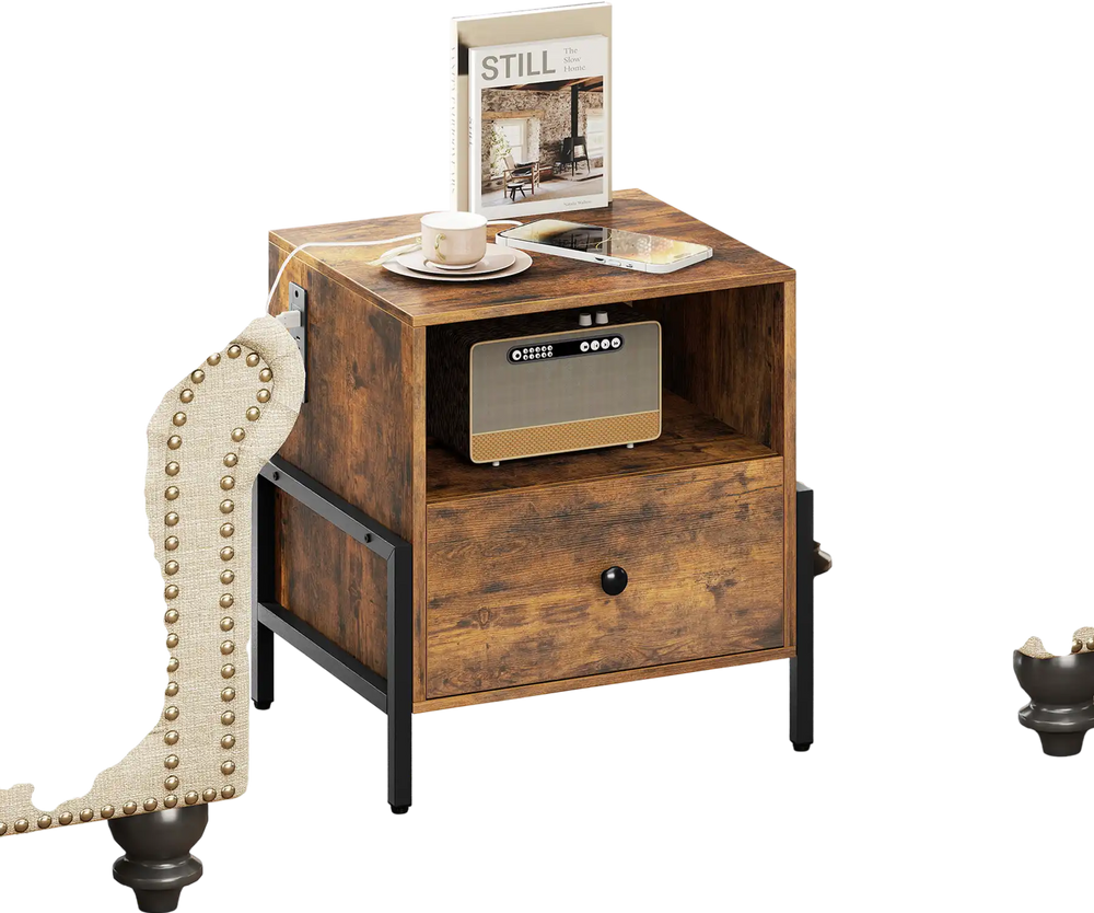 Rustic brown nightstand with charging station, drawer, and open compartment, perfect as a sofa side table.