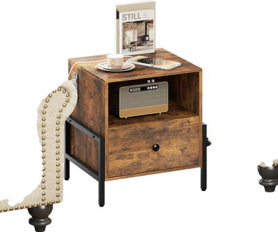 Costway Nightstand Sofa Side Table with Charging Station Drawer Rustic Brown 532974861 New