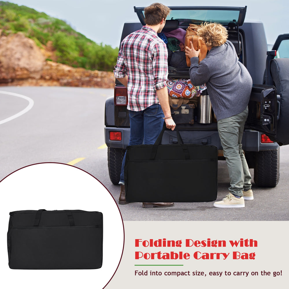Folding camping table with storage organizer in black, featuring a large countertop and side tables, perfect for.