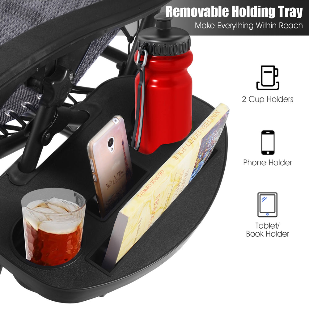 Removable holding tray with cup holders and phone holder for the 2 pieces folding lounge chair in gray.