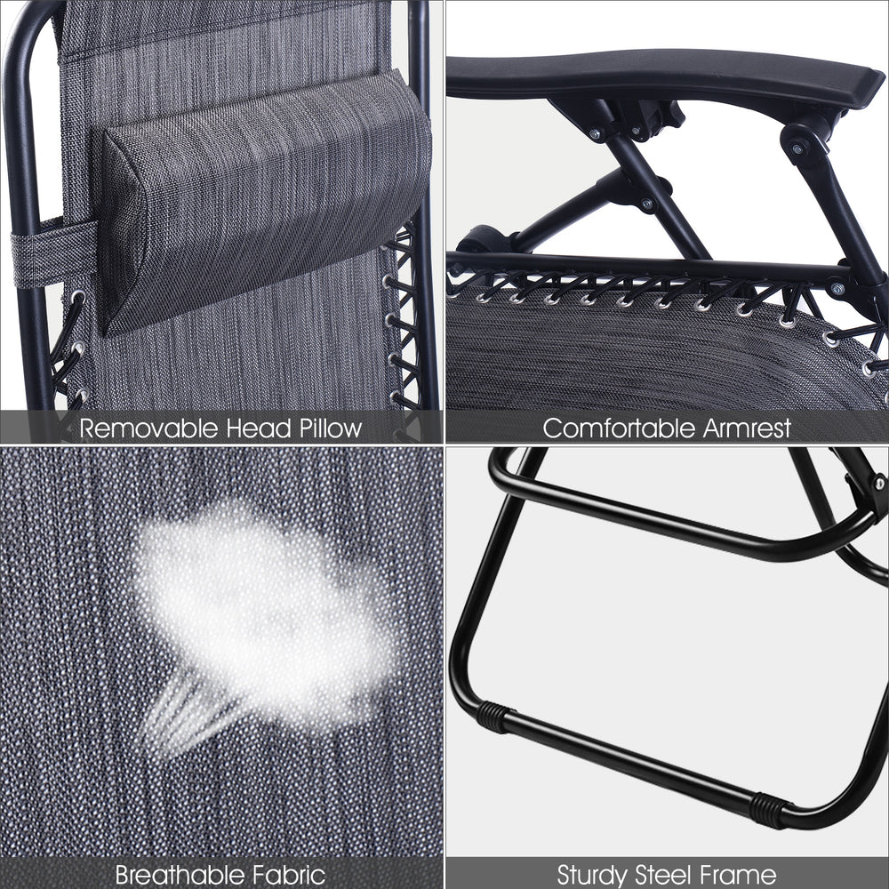 Folding lounge chair set featuring a gray breathable fabric, sturdy steel frame, and removable headrest for comfort.