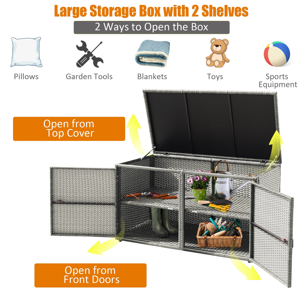 Large 88-gallon garden patio rattan storage box with two shelves, opening from top and front, ideal for outdoor.