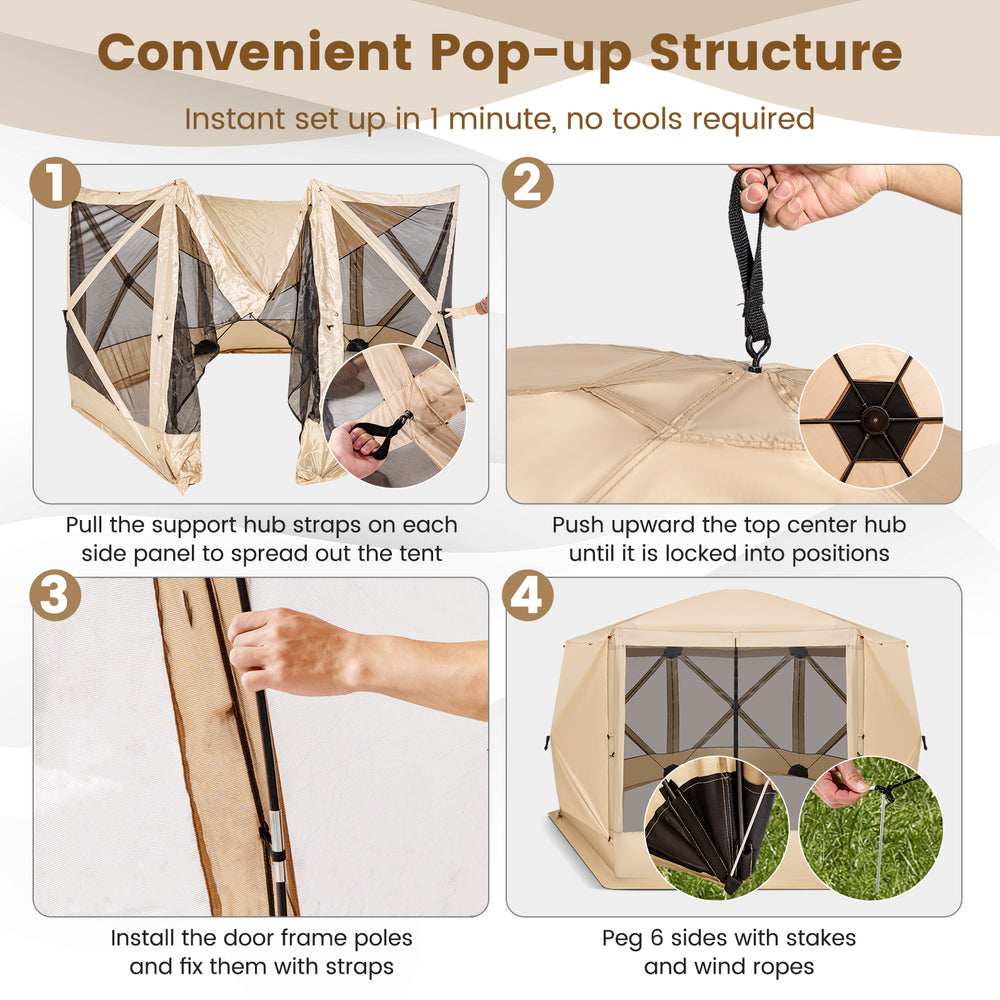 Pop-up screen house tent with mesh sidewalls, 11.5 x 11.5 ft, quick setup, ideal for outdoor activities with 6-8 people.