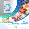 Compact upright freezer with stainless steel door and adjustable 7-grade temperature control for efficient food storage.