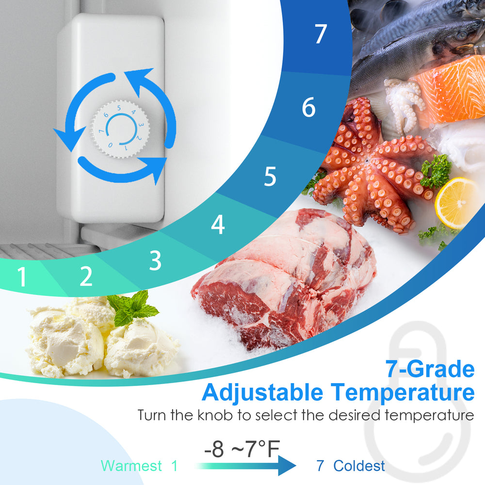 Compact upright freezer with stainless steel door and adjustable 7-grade temperature control for efficient food storage.