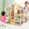 Wooden dollhouse for kids featuring a modern design, with open rooms and a vibrant color scheme for imaginative play.