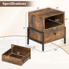 Rustic brown nightstand with charging station, drawer, and open compartment; features adjustable foot pads for.