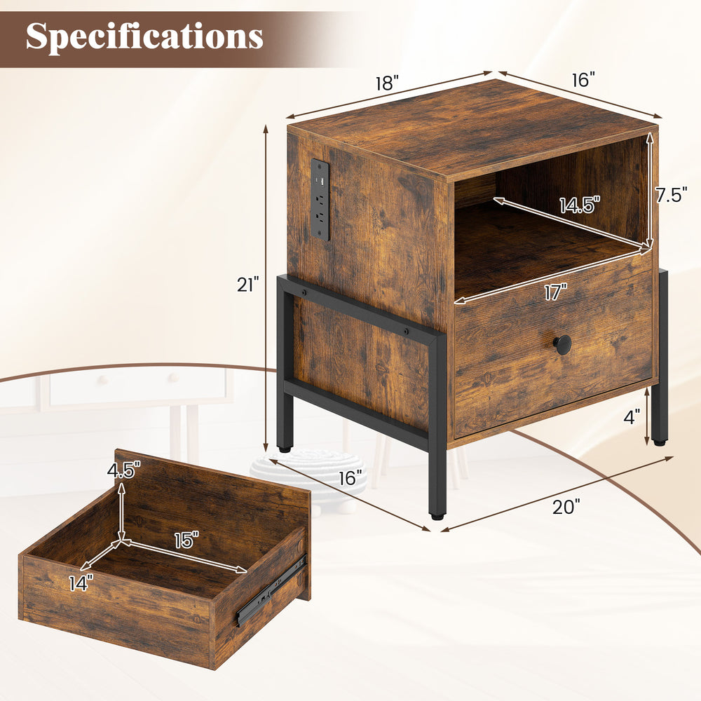 Rustic brown nightstand with charging station, drawer, and open compartment; features adjustable foot pads for.