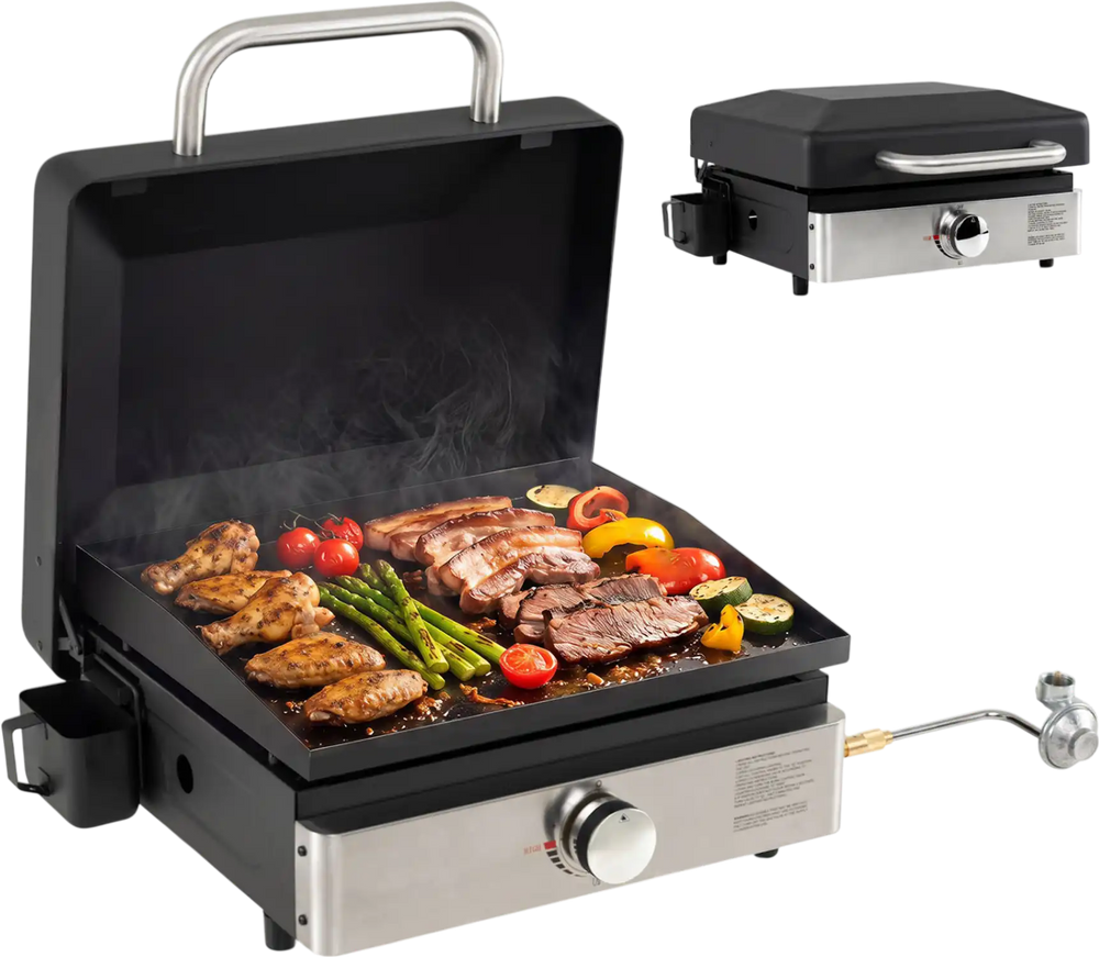 Portable 1-burner gas griddle with non-stick ceramic plate, ideal for outdoor cooking and easy cleanup.