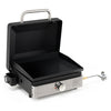 Portable gas griddle with a non-stick ceramic plate, high lid, and 12,500 BTU burner for outdoor cooking convenience.