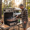 Portable gas griddle with non-stick ceramic plate, perfect for outdoor cooking and grilling multiple foods at once.