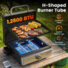Portable gas griddle with lid features a non-stick ceramic plate and 12,500 BTU burner for reliable outdoor cooking.
