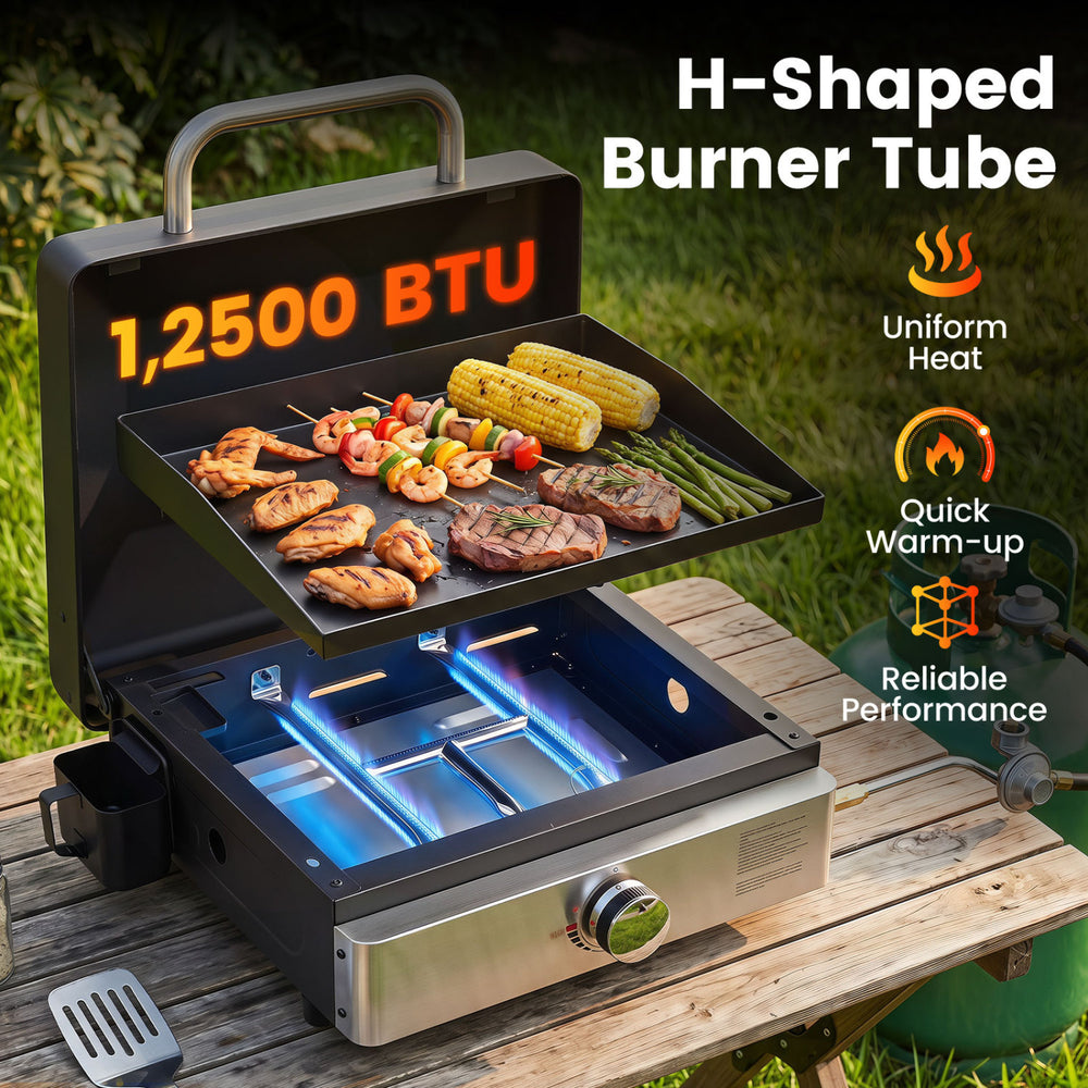 Portable gas griddle with lid features a non-stick ceramic plate and 12,500 BTU burner for reliable outdoor cooking.