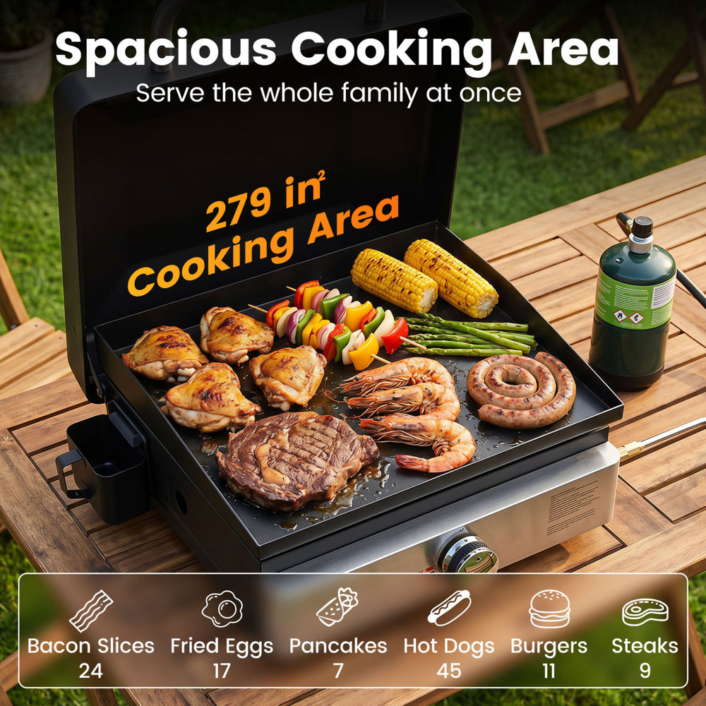 Spacious 279 in² cooking area of the 1-Burner Portable Gas Griddle with non-stick ceramic plate for outdoor grilling.